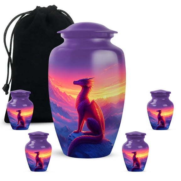 JAGASY Dragon Combo Urns for Siblings, Purple Small Urns for Human Ashes Keepsake, Snowy Mountain & Sunset Decorative Urn for Sister, Large Memorial Urn for Brother, (1 Large, 10" & 4 Small, 3")