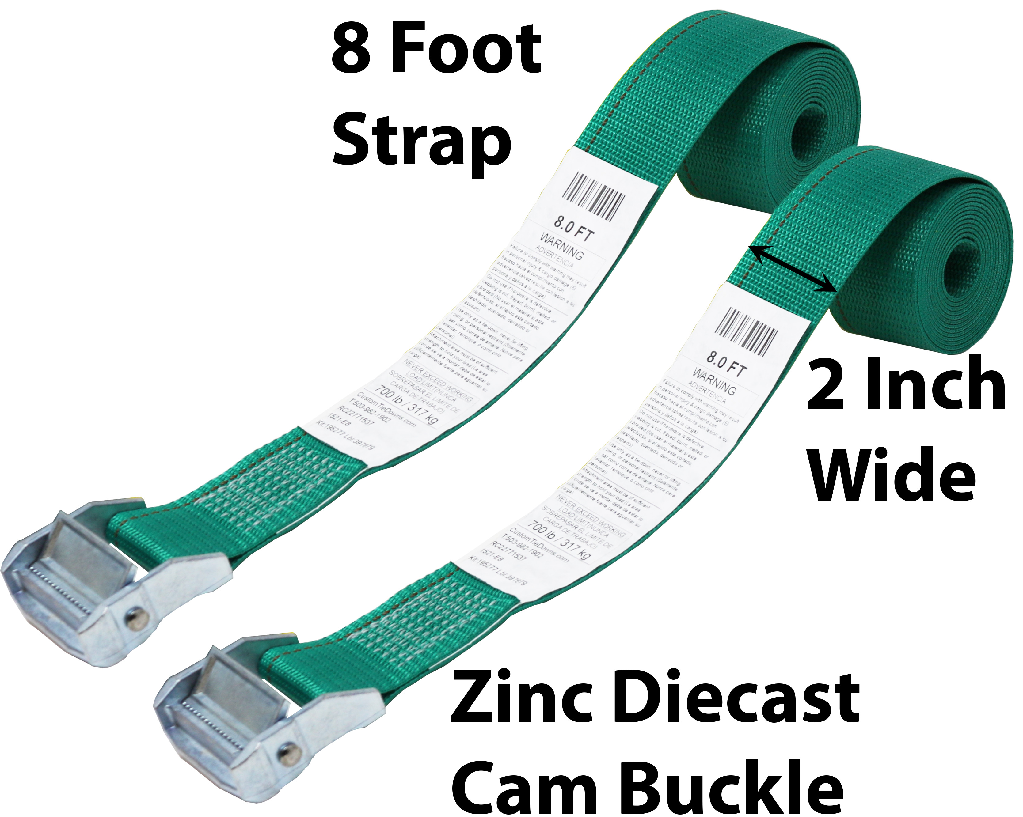 CustomTieDowns 2 Pack, 2 Inch x 8 Foot Cinch Strap Endless Loop Tie Down (no hooks), Zinc Diecast Rust Proof Cam Buckle, Polyester Webbing.(Green) 1600 - image 4 of 4
