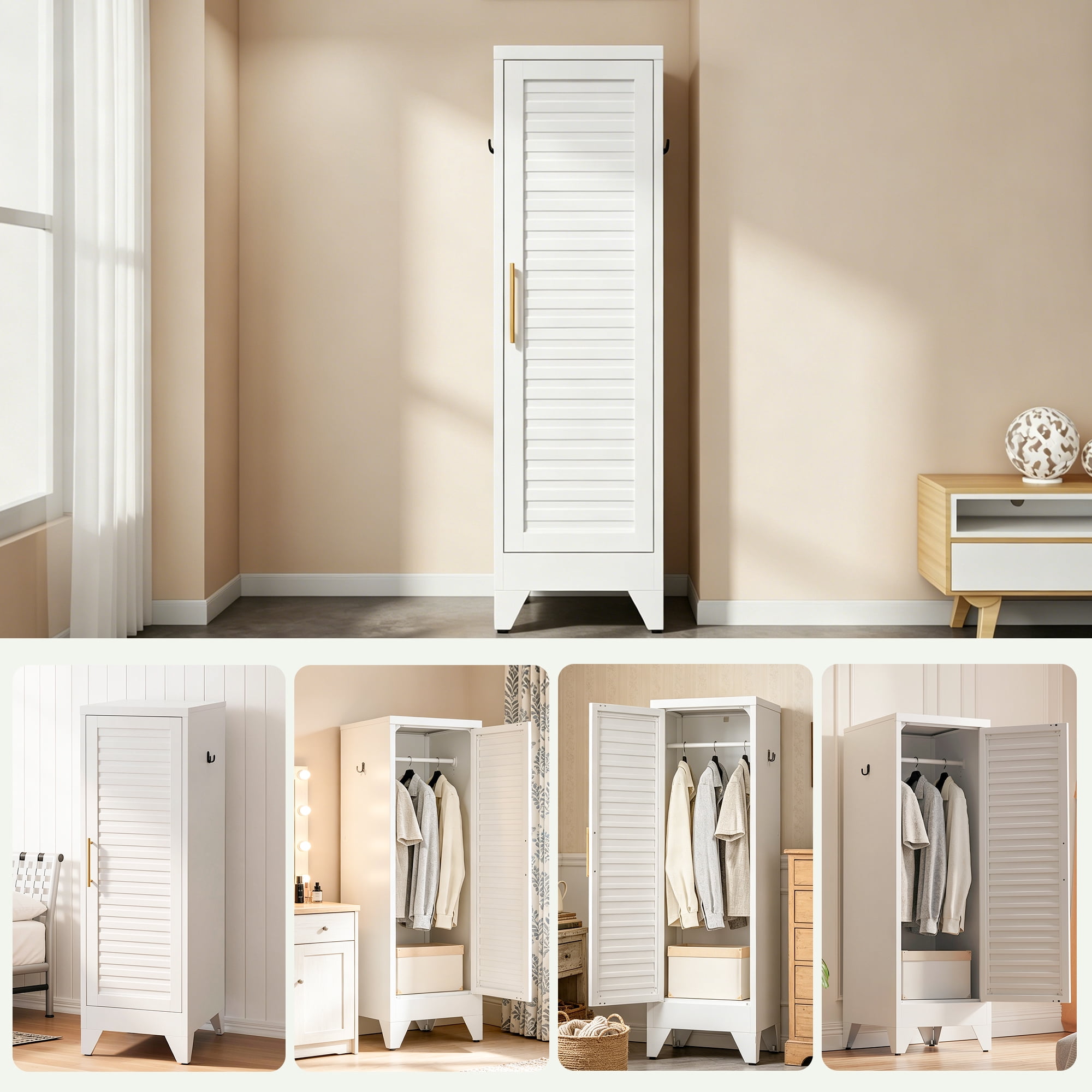 Metal Wardrobe Cabinet, 47"x18"x15", Cold Rolled Steel, Louvered Door, Anti-Tip Kit