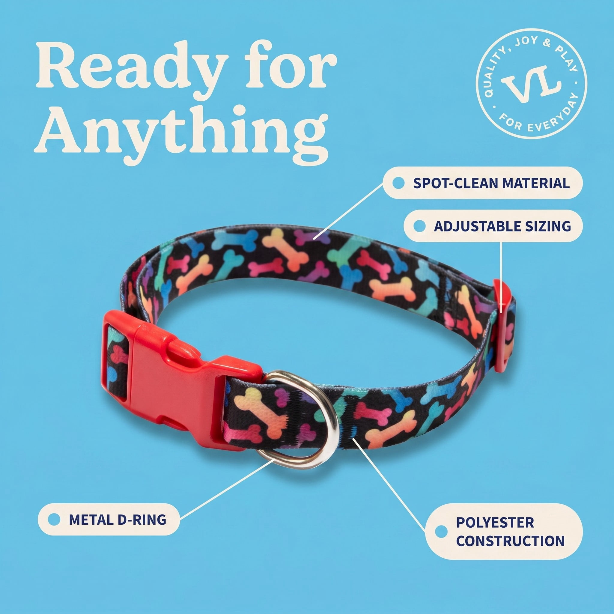 Vibrant Life Adjustable Fashion Dog Collar, Multicolor Bones, Large