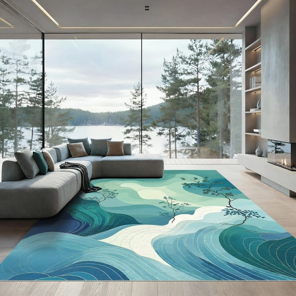 ODIKA 4'x6' Machine Washable Non-Slip Area Rug, Abstract Teal High Traffic Rug, Blue, 1072361