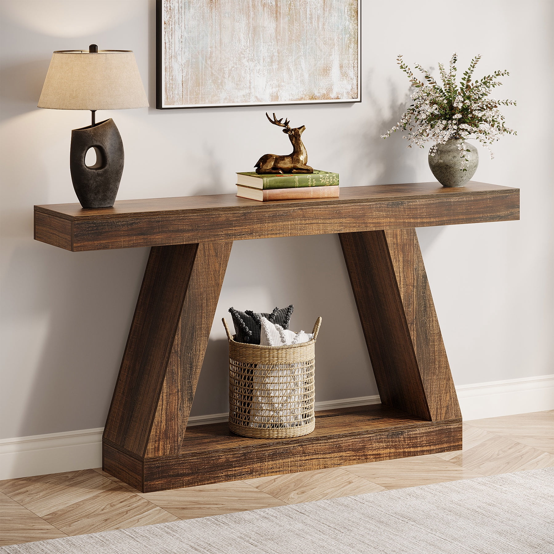 Finmind 55-Inch Farmhouse Console Table，2-Tier Wood Entryway Table for Hallway, Brown
