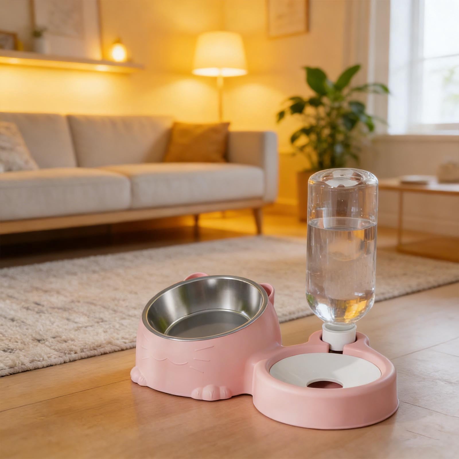 Double Cat Bowl Feeder with Automatic Water Dispenser Elevated Pet Food and Water Station for Small Animals