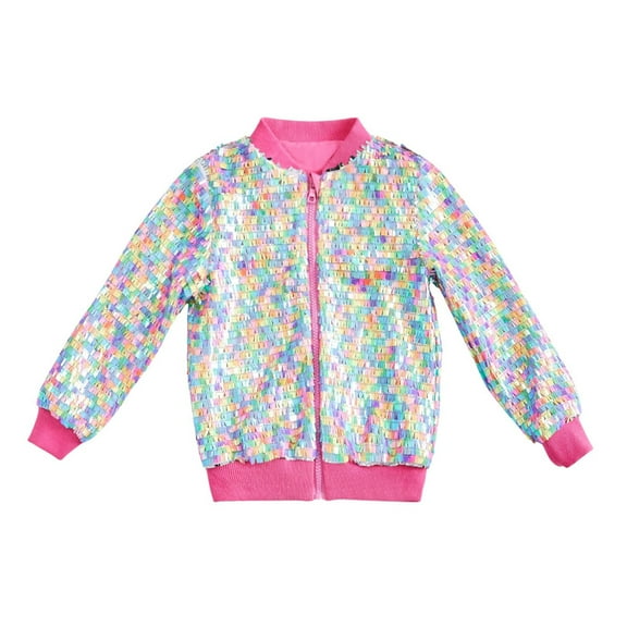 Sequin Jackets for Girls Shiny Fashion Zip Up Long Sleeve Outerwear Holiday Party Wear Kids Stylish Coat