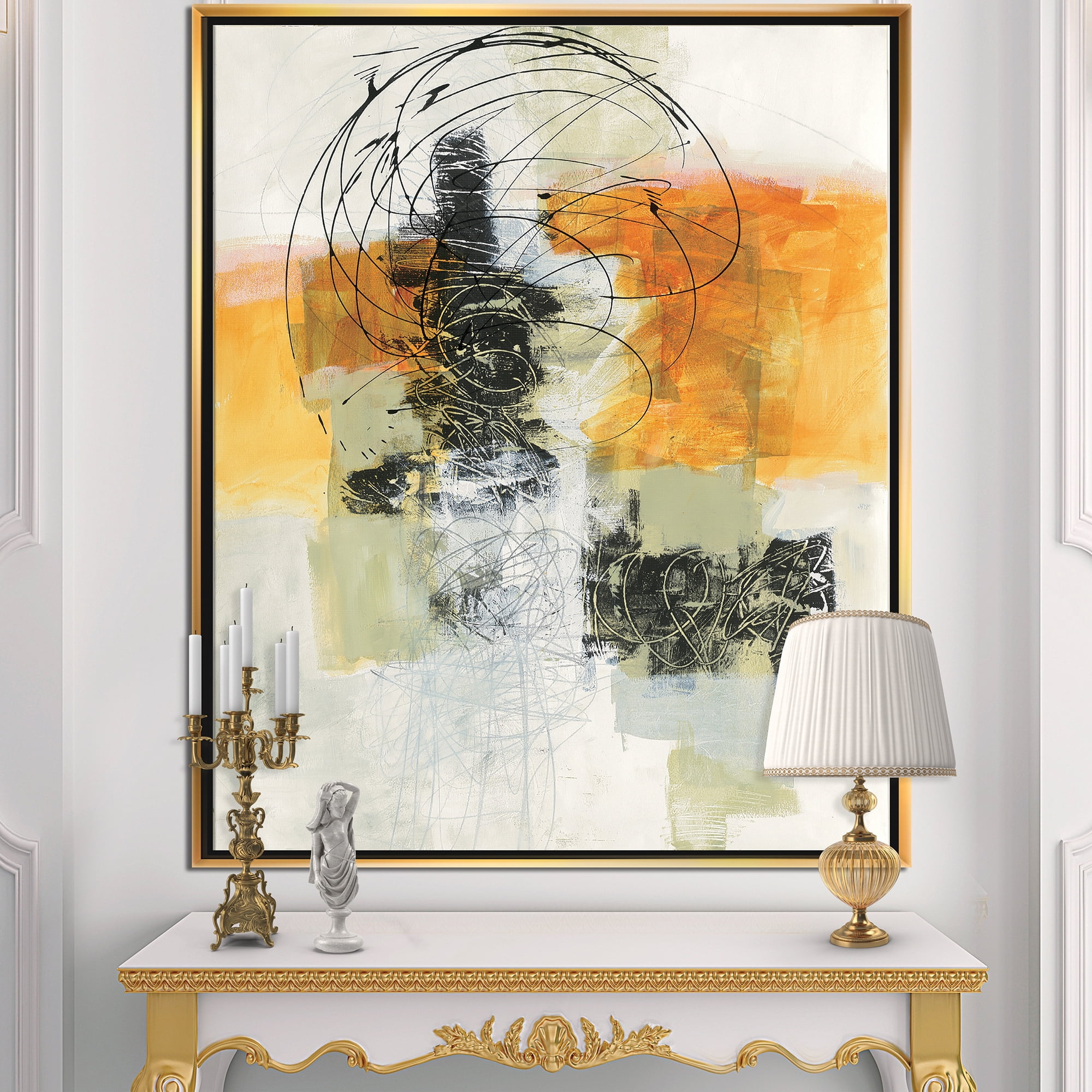 Designart ' Abstract Composition of Glamorous Yellow and Black ' Contemporary Framed Canvas