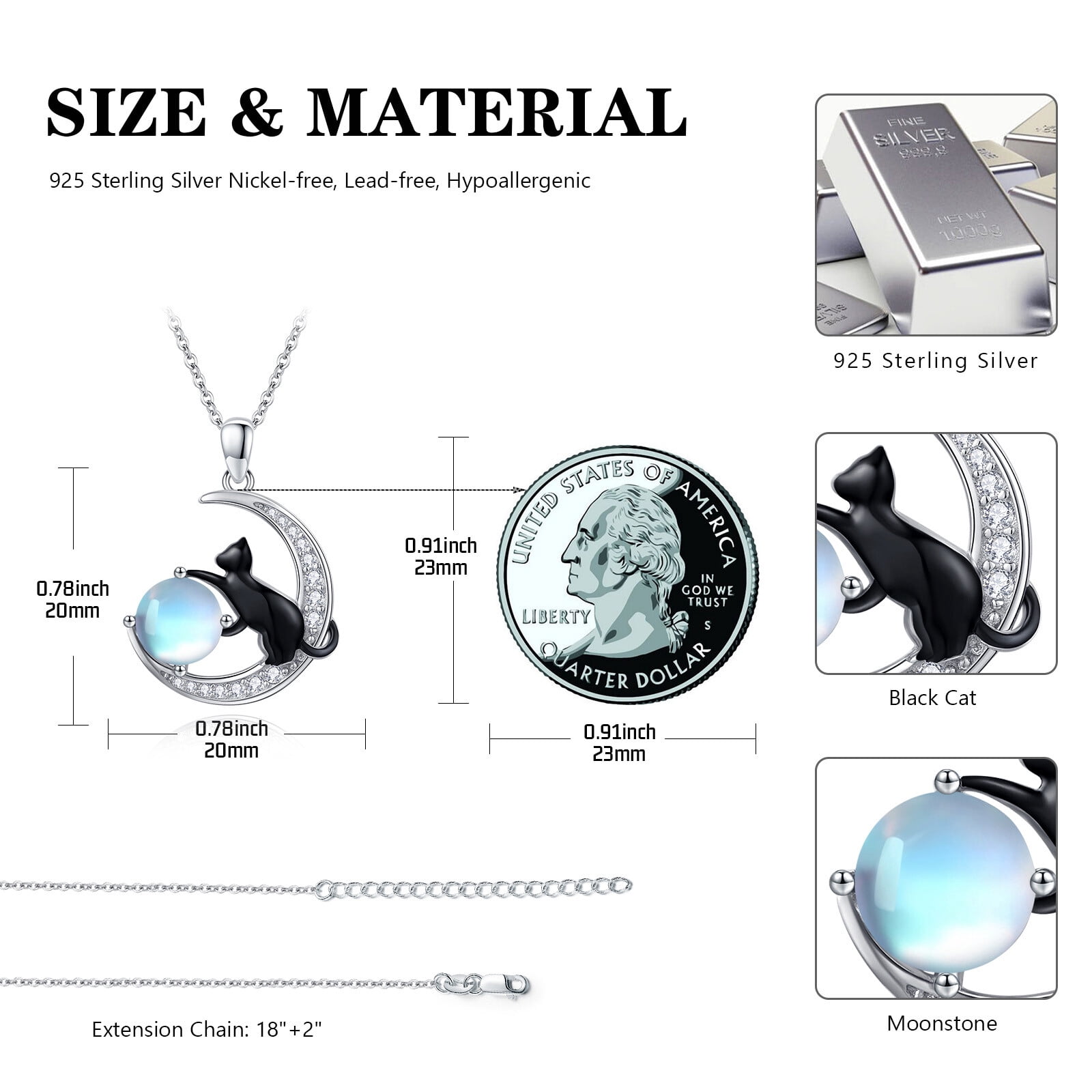 Coachuhhar Black Cat Necklace 925 Sterling Silver Cute Animal Pendant Necklace Moonstone Jewelry Gifts for Women Mom Wife