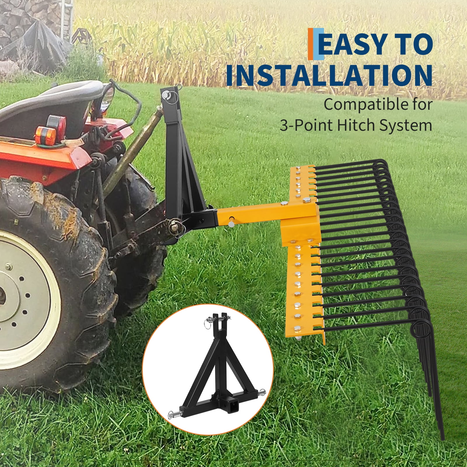 Mescukay Tow Behind Landscape Rake, 60" Tow Dethatcher with 21 Steel Coil Tines, Lawn Dethatcher Rake Attaches Toolbars and 3-Point Suspension Systems, for Leaves, Pine Needles, and Grass