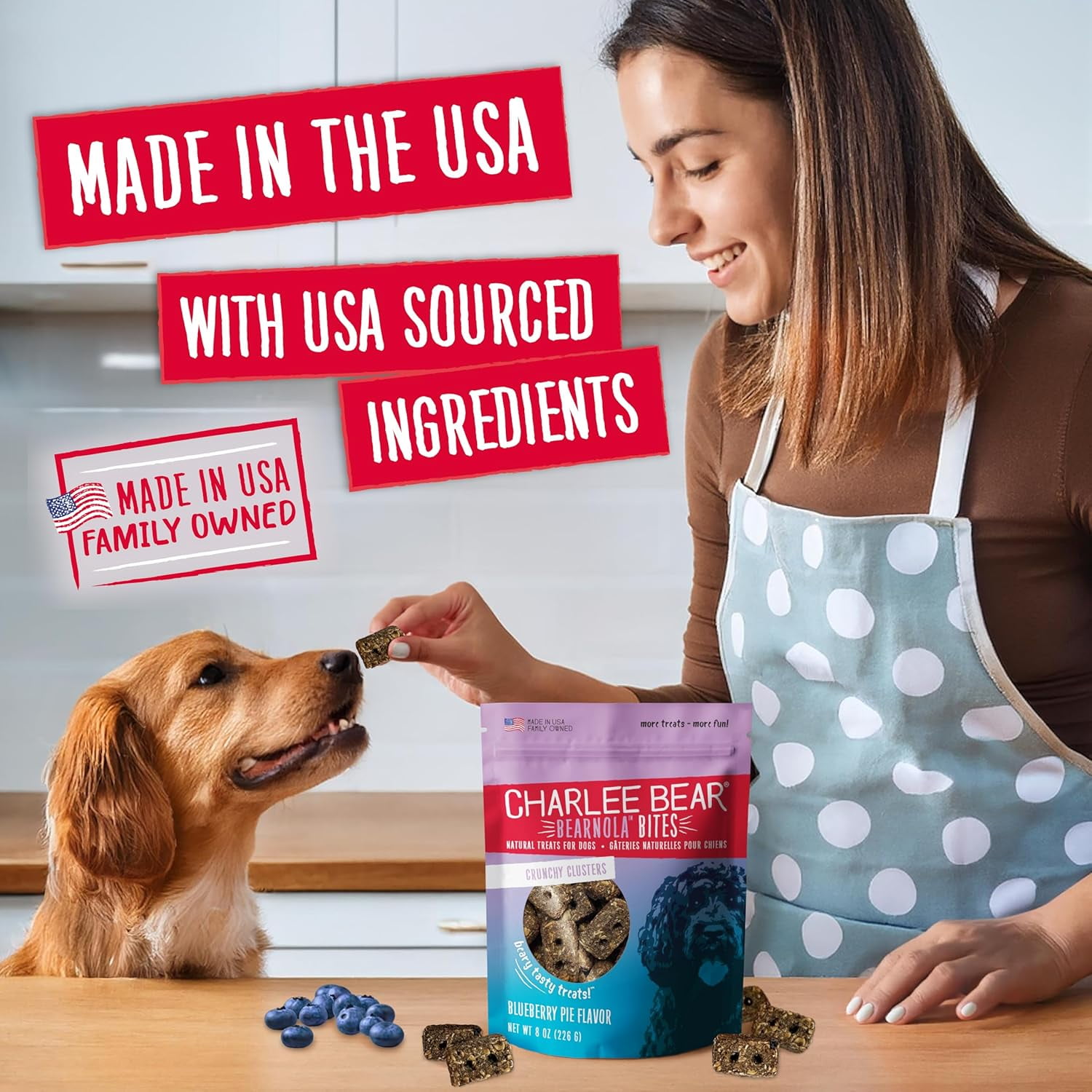 Charlee Bear Crunchy Dog Treats, Bearnola Bites Blueberry Pie, Puppy Training Treats, Vegan Dog Snacks, 8 oz Bags (2), Made USA