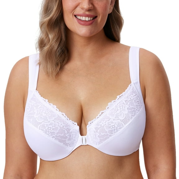 DELIMIRA Women's Front Closure Bras Plus Size Full Coverage Underwire Unlined Lace Bra