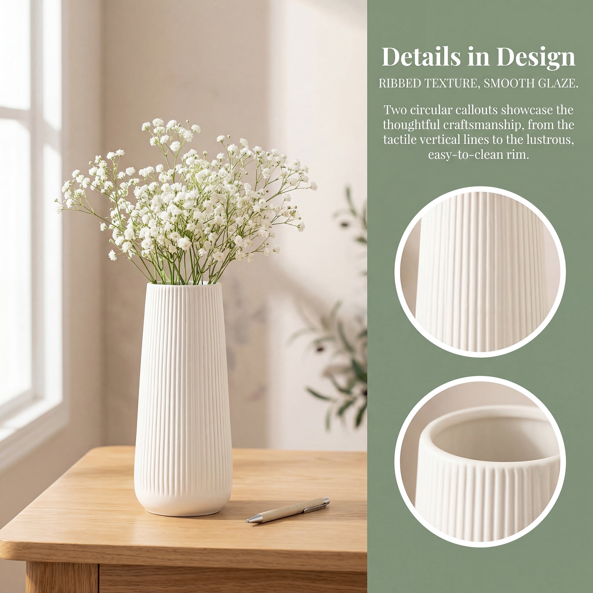 Unique Bargains Ribbed Ceramic Vase for Flowers Frosted white 3.5"L x 3.5"W x 7.9"H