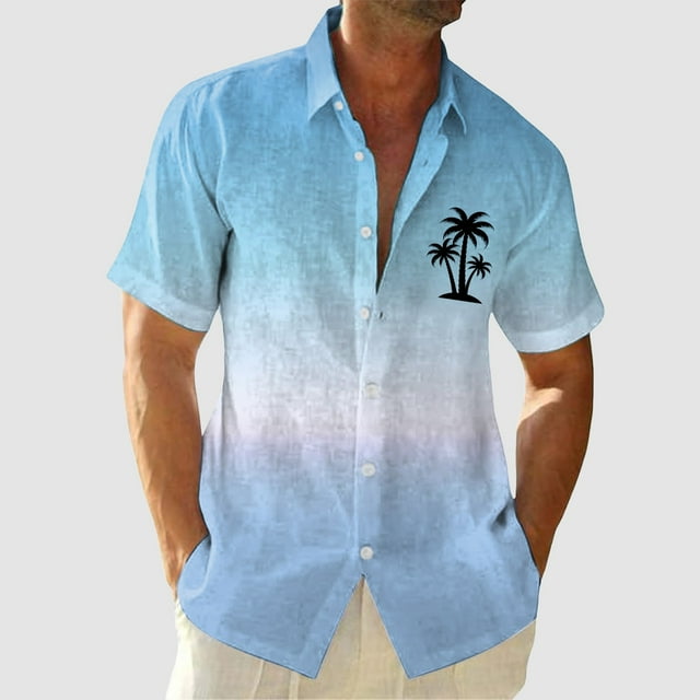 toraway Mens Shirts Short Sleeve Button down Fall Clothes for Men Men Short Sleeved Fashionable Color Gradient Printed Coconut Tree Pattern Men Seaside Beach Shirt XXXL