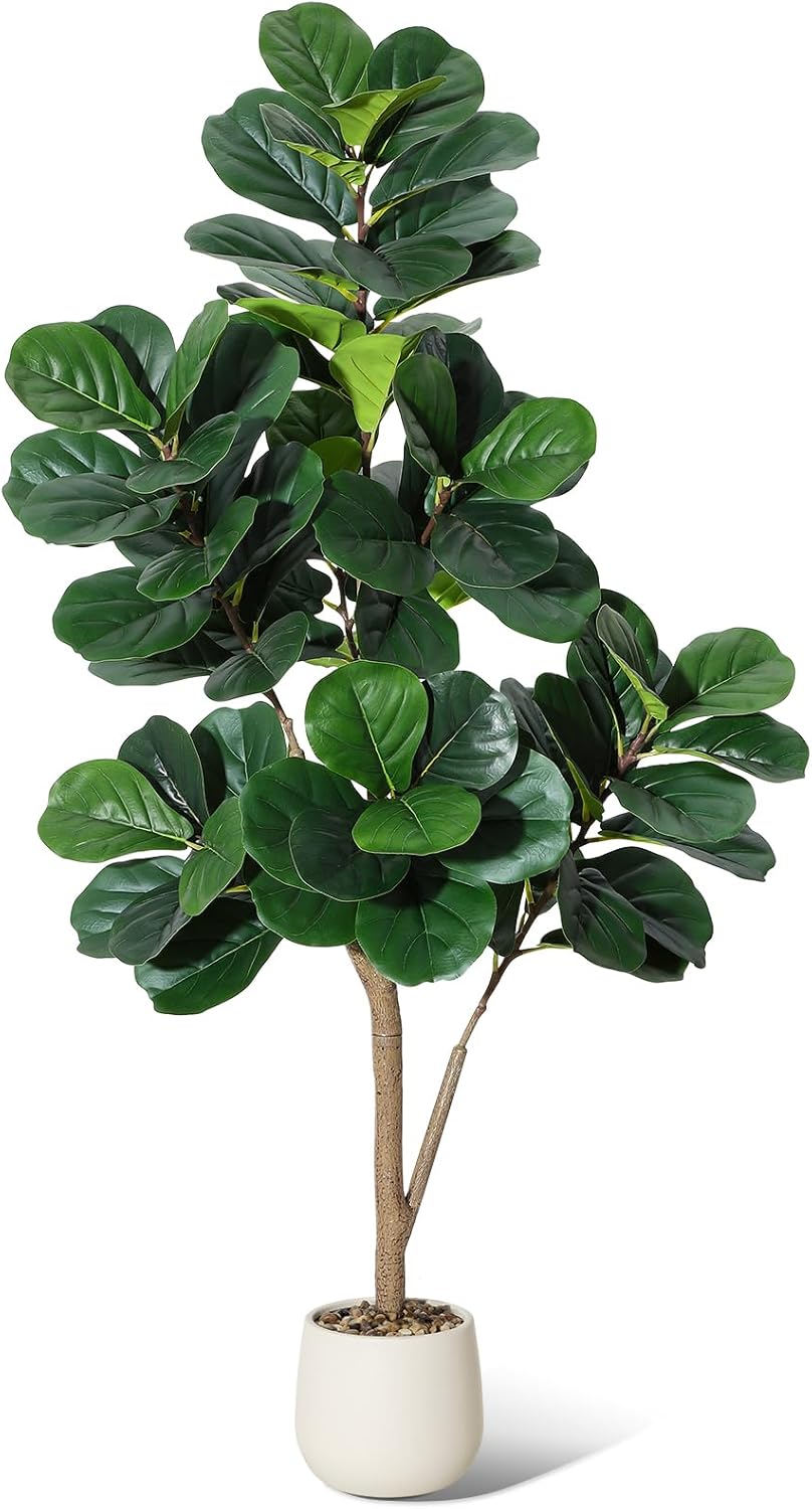 4FT Fiddle Leaf Fig Tree Artificial, Realistic Faux Ficus Lyrata Trees with 141 Leaves, Indoor Fake Floor Plants for Home Office Living Room Decor, with 9" White Planter Pot