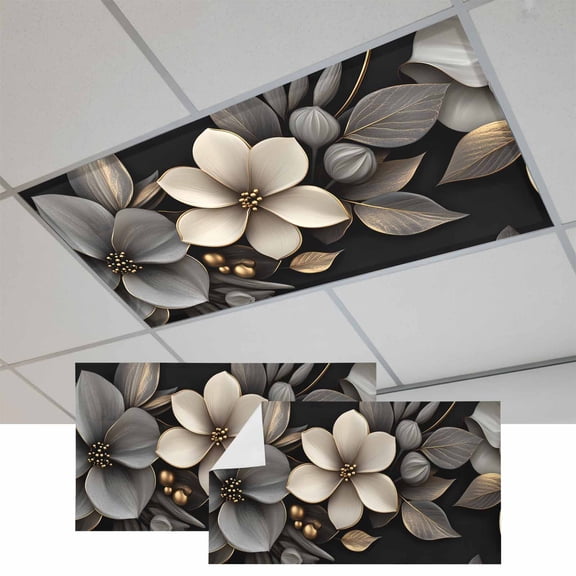 Gold Black Flower Magnetic Fluorescent Light Covers for Ceiling Lights 2x4Ft, Blossoming Botanical Prints Leaf Office Classroom Kitchen Drop Ceiling Light Covers Lighting Filters Shade Panel 2 Packs