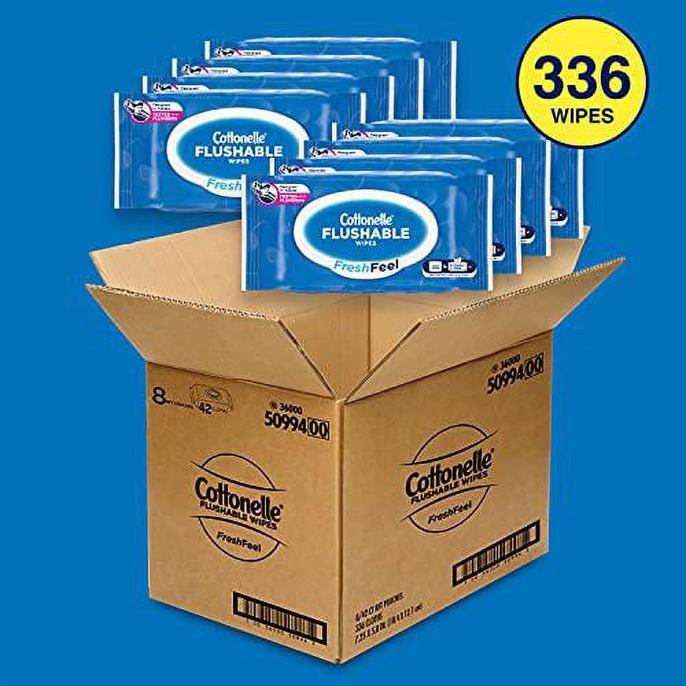 Cottonelle FreshFeel Flushable Wet Wipes for Adults and Kids, 8 Flip-Top Packs, 42 Wipes per Pack (336 Wipes Total)