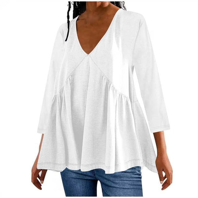 AherBiu Tops for Women Trendy 3/4 Sleeve Cute Ruffle Shirts Summer Flowy Comfy V Neck Ruched Blouses