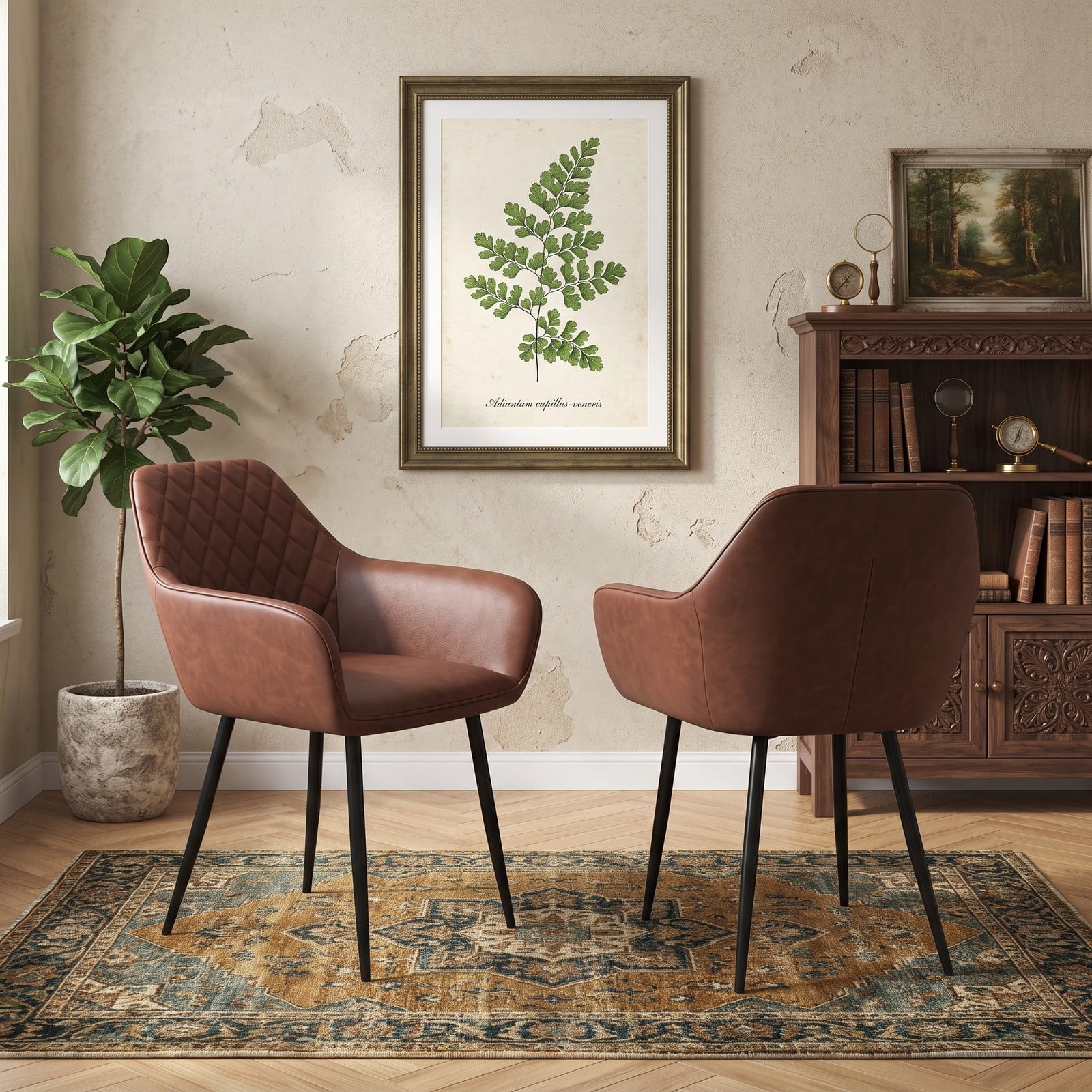 Furnibear Upholstered Dining Chairs Set of 2, Fabric Accent Armchair with Curved Backrest, Wide Padded Seat and Metal Frame for Kitchen Living Room, Coffee