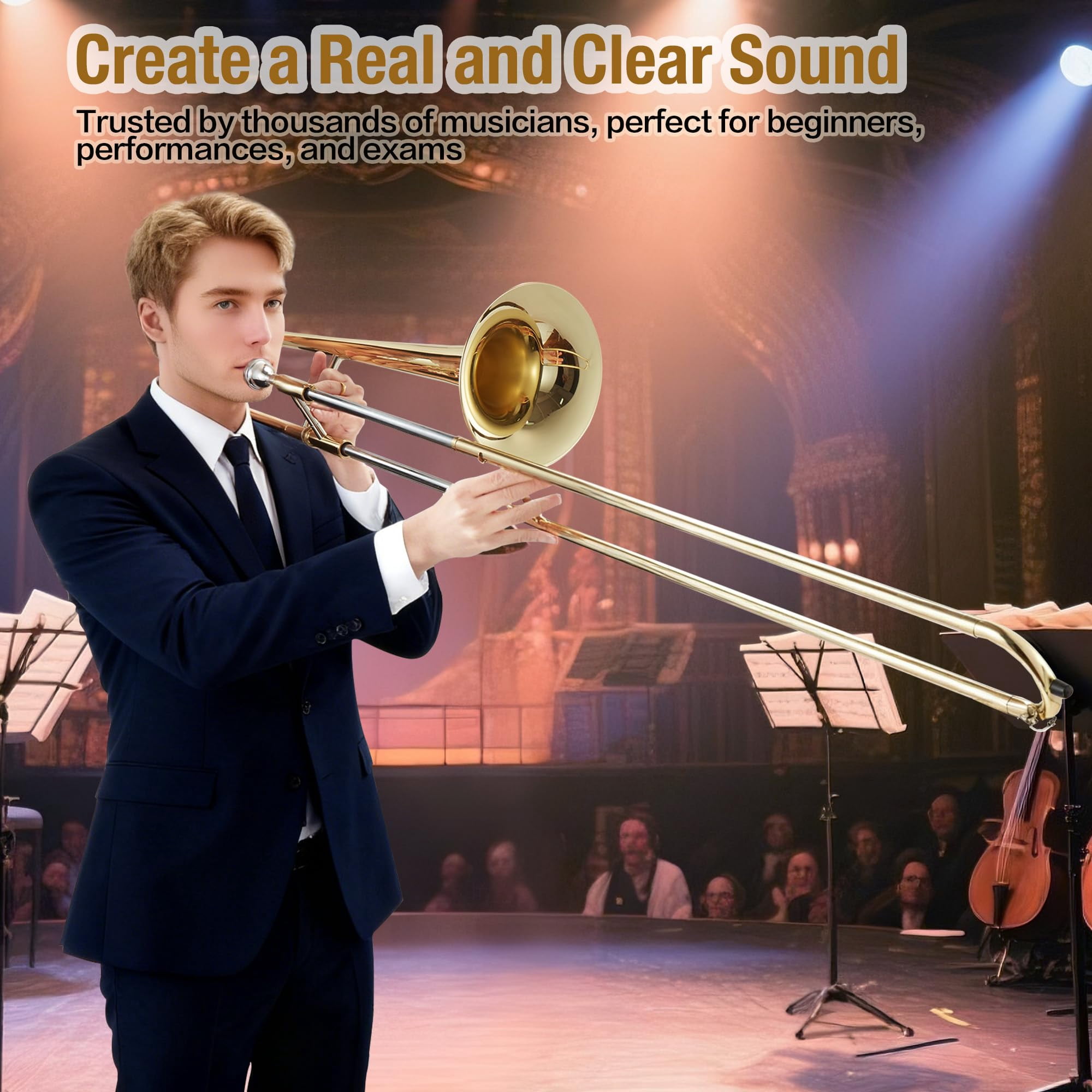 Garvee B Flat Alto Trombone for Beginners - Brass Trombone with Mouthpiece, Case, Cleaning Cloth, Gloves and Cleaning Rod, Professional Musical Instruments for Students - Gold Lacquer