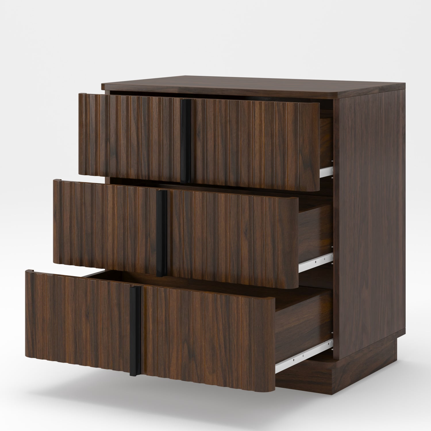 Hommoo Set of 2 Vintage Vertical Stripe 3-Drawer Nightstands, MDF Bedroom Side Tables with Ample Storage, Modern Retro Design for Bedroom, Living Room & Home Office, Walnut