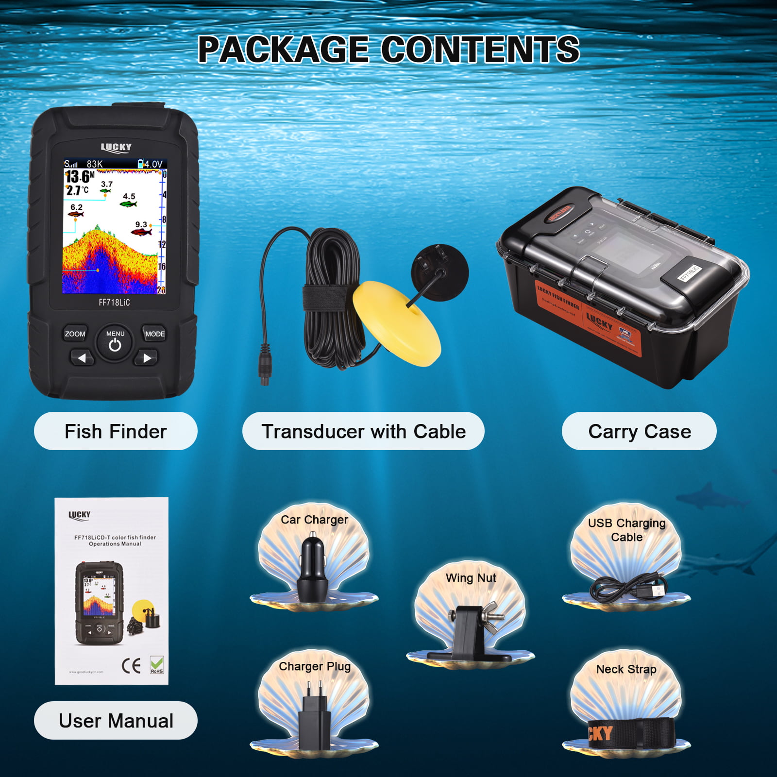 Portable Fish Finder Handheld Wired Fish Depth Finder Sonar Transducer for  Boat Kayak Fishing 