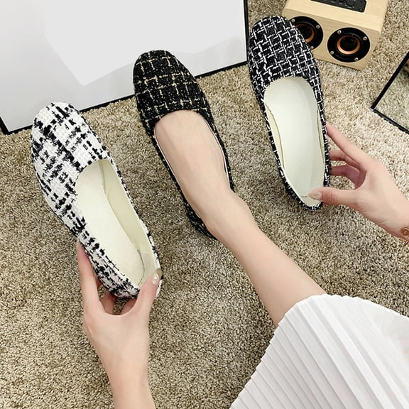Women's Tweed Plaid Round Toe Flats, Plus Size Comfortable Slip On Casual Work Shoes, Lightweight Loafers for Daily Wear Office Shopping