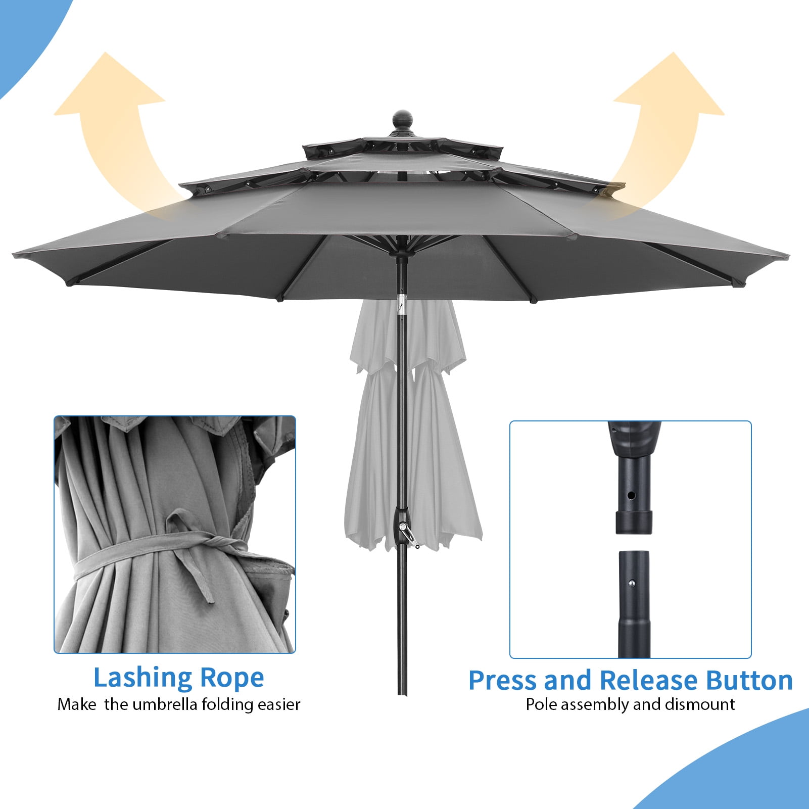 Ainfox 10ft Patio Umbrella 3 Tiers,Outdoor Table Market Umbrella w/Tilt Adjustment and Crank for Garden,Deck,Beach,Backyard,Pool,Grey