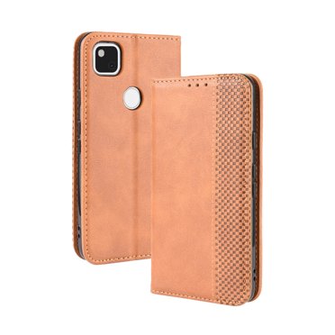 Compatible with Google Pixel 4A 4G Case Magnetic Closure Vintage Pattern PU Leather Wallet Cover with Card Slots-Brown