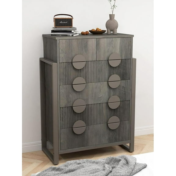HUJAUU 6 Drawer Dresser Chests for Bedroom, Tall Chest of Drawer with Pull-out Handles, Gray