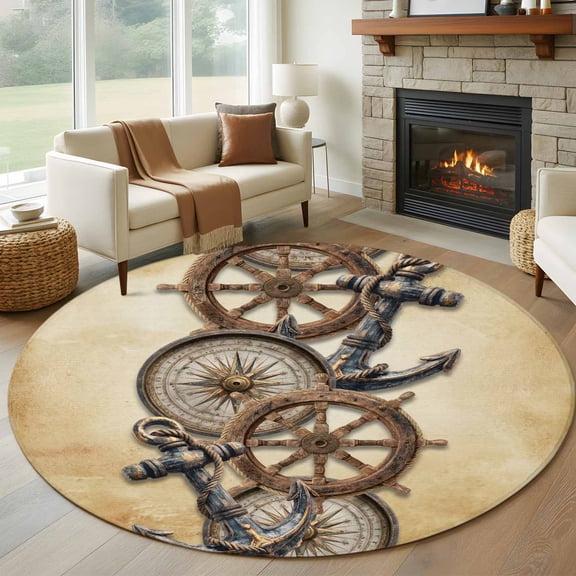Round Rugs 5Ft, Vintage Anchor Nautical Round Area Rug Washable Indoor Throw Carpet, Coastal Compass Brown Soft Non Slip Circle Rug for Cabinet Bathroom Home Decor Aesthetic