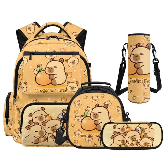 HUIACONG 4PCS Single Orange Capybara Kids School Backpack Set, 17" Bookbag with Lunch Box Pencil Case Water Bottle Sleeve for Age 8-12