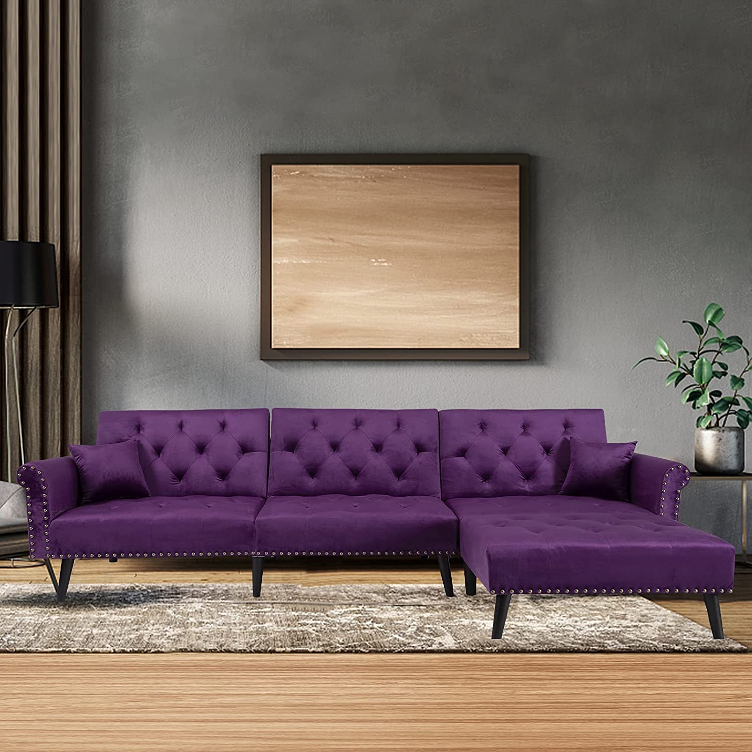 Sectional Convertible Sofa Bed, MidCentury Velvet Sleeper Sofa with