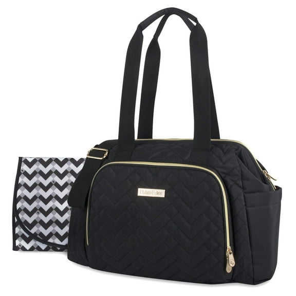 Fisher-Price Harper Quilted Convertible Crossbody Diaper Bag Tote With Shoulder Straps, Removable Luggage Strap, Matching Changing Pad, Insulated Bottle Pockets and Electronics Pocket in Black