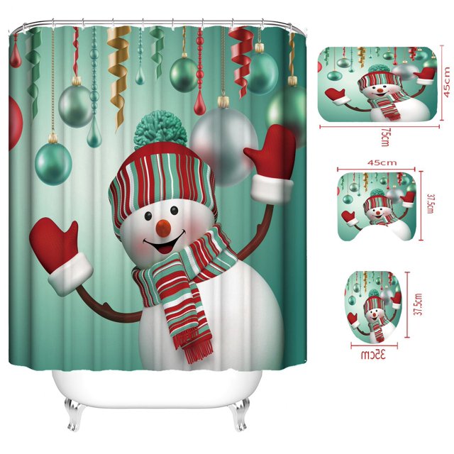 Juego de cortina de ducha con alfombrilla para el suelo, diseño de Papá Noel, muñeco de nieve, impresión digital, dibujos animados, impermeable, poliéster, juego de cuatro piezas para baño