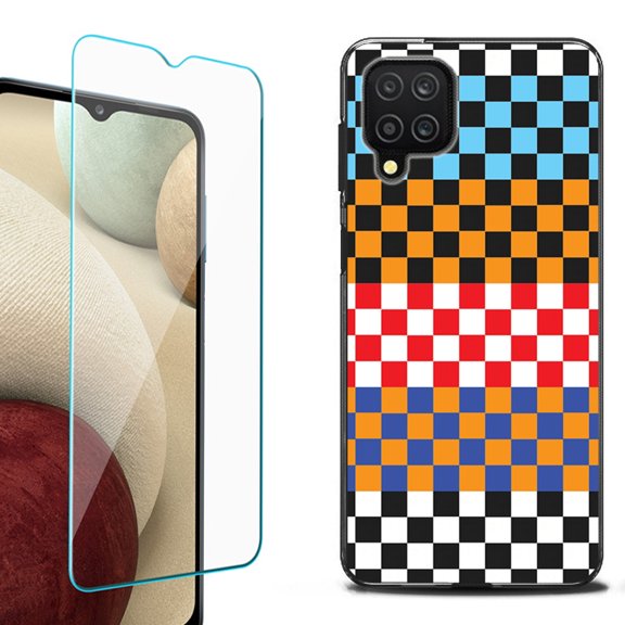 Slim-Fit Flexible TPU Gel Phone Case (black) for Samsung Galaxy A12, with Tempered Glass Screen Protector, by OneToughShield ® - Colorful Checker