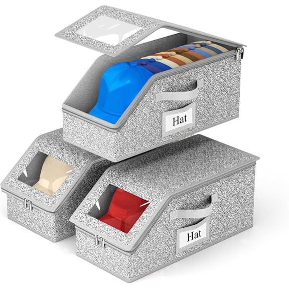 IZEYNO 3 PCS Stackable Hat Storage Boxes for Baseball Caps, Holds Up to 36 Caps Hat Organizer, Space-Saving Snapback Boxes for Closet, Gray
