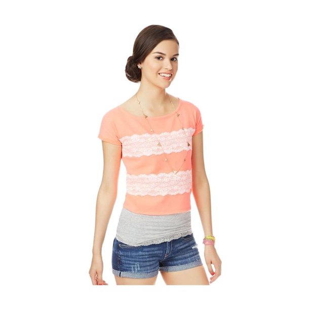 Aeropostale - Camiseta con adornos de encaje y cremallera para mujer, rosa, extra pequeña