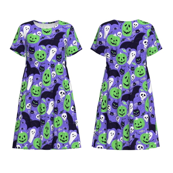 Horeoi Cute Halloween Print Women's Short Sleeve Dress Breathable Polyester-Spandex All-Over Print A-Line Side Pockets Elastic Waist