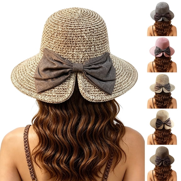 Helii Women Hand Crochet Straw Sun Hat Back Bow Split Brim Wide Brim Foldable Packable Bucket Beach Hat Breathable Hollow Out Lightweight Summer Travel Cap Coffee,A