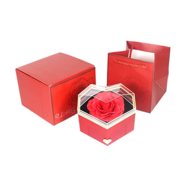 Caja de joyería, anillos, pendientes, caja de almacenamiento de collares, pequeña y elegante caja de regalo de joyería con flores rosas para aniversar Rojo