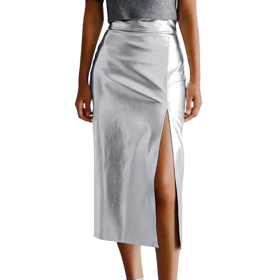Riforla Womens Knee Waist Skirt Leather Office Length Body Con Skirt Slim Split High Skirt Skirts for Women Trendy Silver S