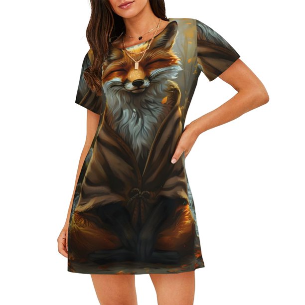 Balery Streamside Meditating Fox Camisón de manga corta con cuello redondo para mujer, cómodo y elegante.