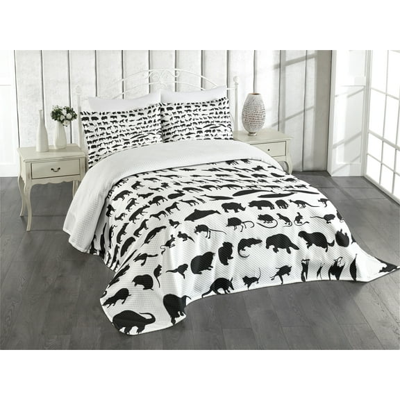 Ambesonne Zoo Quilted Bedspread Set 3 Pcs, Animal Silhouettes Habitat, Queen Size, Black White