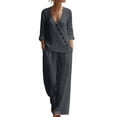 thumbnail image 2 of Chbgutlmr Womens 2 Piece Sets Cotton Linen Outfits Long Sleeve Deep V Neck Button down Shirts Straight Leg Pants Casual Loose Summer Plain Set, 2 of 5