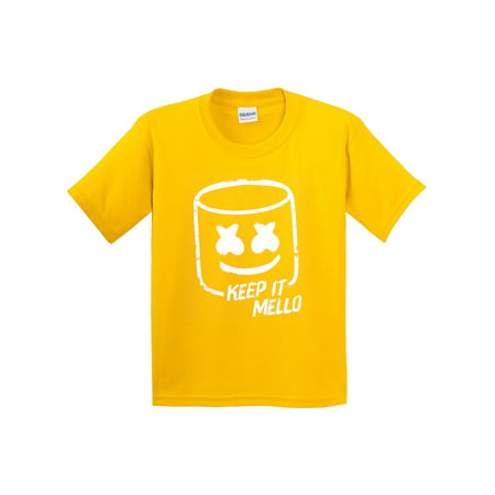 Trendy USA 1212 - Youth T-Shirt Keep It Mello Smile Face Mask DJ Music Tunes Small Daisy Yellow