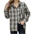 thumbnail image 2 of Women's V Neck Plaid Shirts Flannel Casual Blouses Button-Down Business Boho Tops Long Sleeve 2025 Fall Outfits Coffee L, 2 of 6