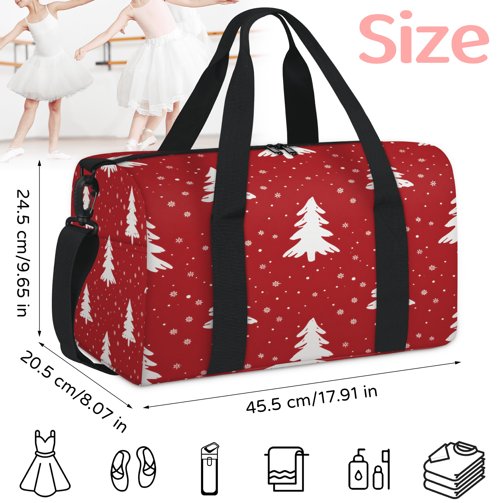 Herdesigns Christmas Tree Travel Duffle Bag Sports Yoga Weekender Overnight Carry on Workout Bags Lightweight Waterproof Gym Tote Bag for Women Red