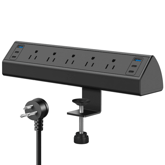 VILONG Desk Clamp Power Strip Usb C,40W Total Fast Charging Station,5 Outlets 6USB,1200J Surge Protector,6Ft Cord,Fit 1.6" Edge,Black,ETL Listed