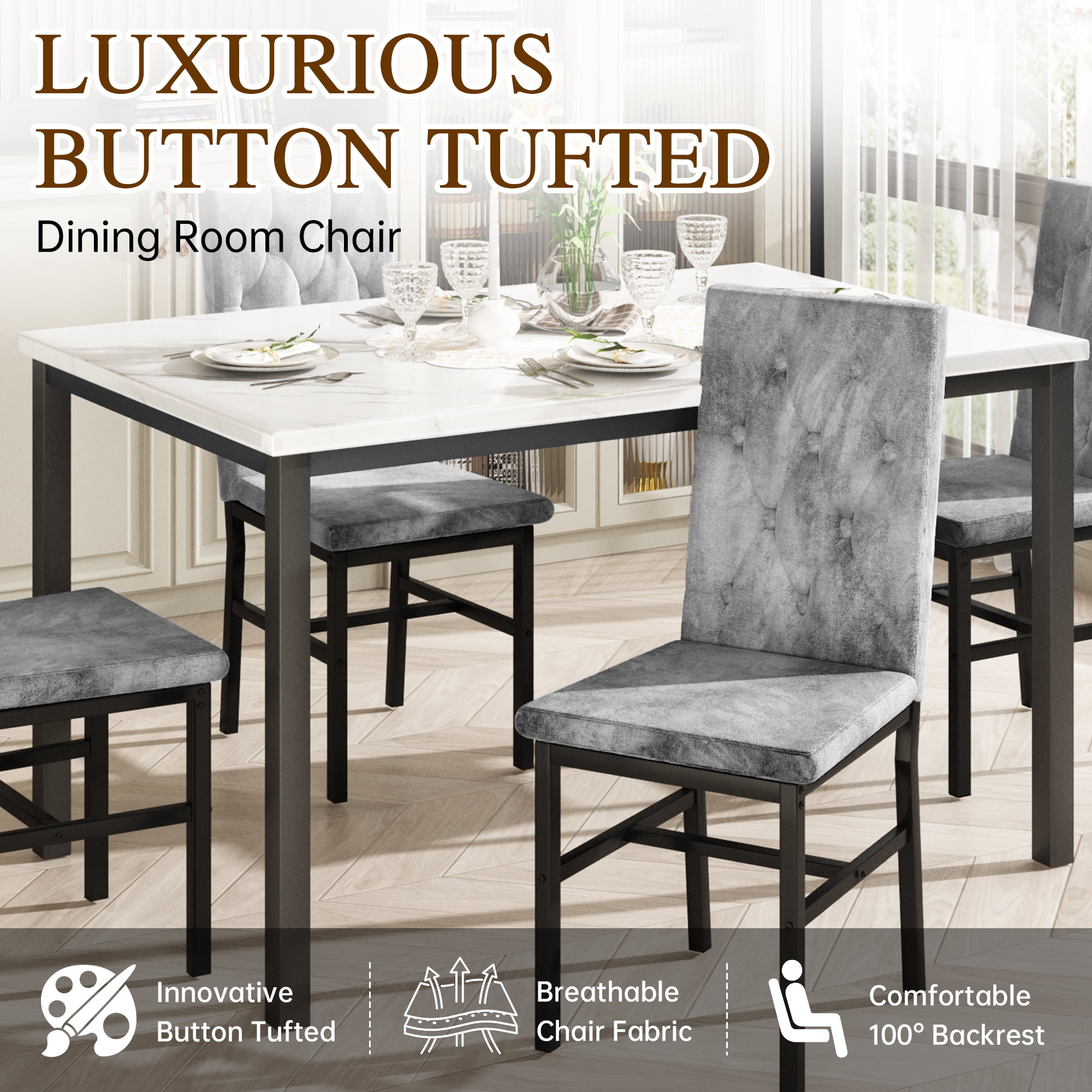 AWQMDining Table Set for 4, Faux Marble Kitchen Table with 4 Tufted Velvet Upholstered Dining Chairs, Modern 5 Pieces Dining Set for Kitchen, Breakfast Corner, Apartment, Gray