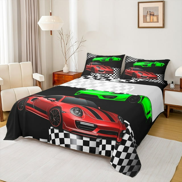 Erosebridal Ensemble de Draps Automobile Rouge et Vert Format Simple, Ensembles de Draps Simple Voiture de Course, Literie Sports Extrêmes Format Simple, Décor Léger pour Chambre, 3 Pcs