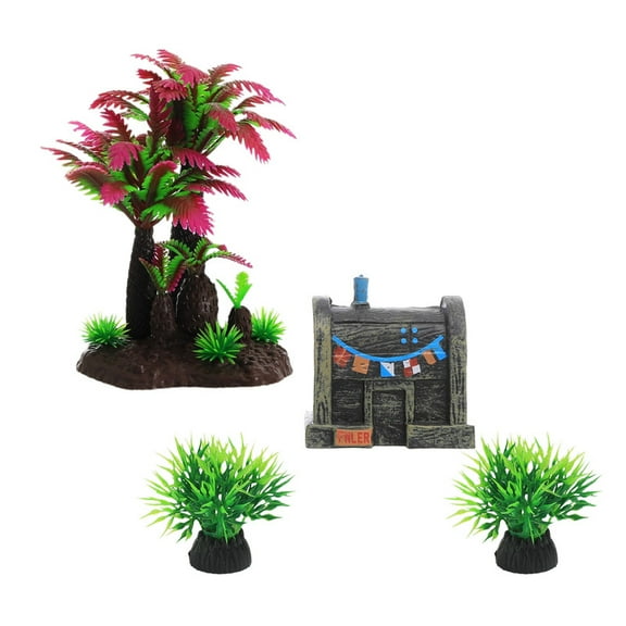 11cm Wine Red Artificial Coconut Tree Decor with 2 Aquatic Plants and Krusty Krab Ornament for Fish Tank