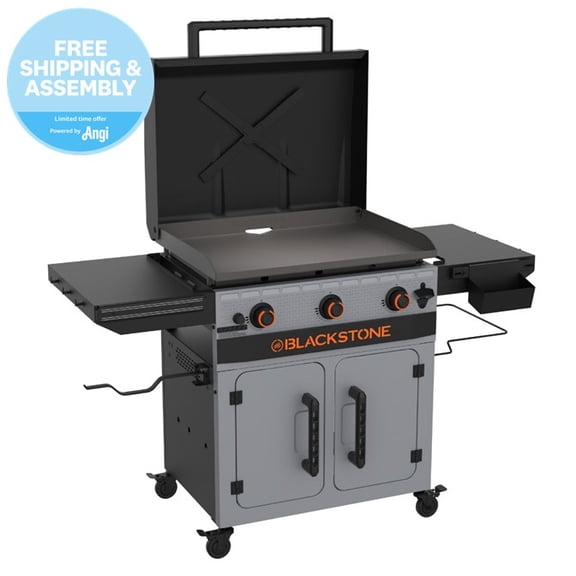Blackstone Bronco Outdoor Griddle, 3-Burner 28" XL Propane Flat Top Grill with Side Shelves and Cabinet, Gray